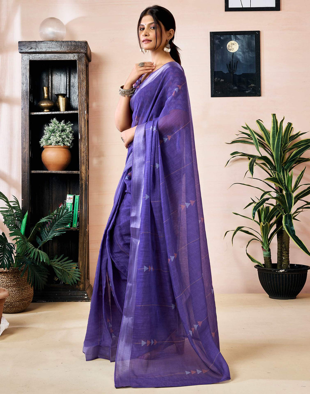 Ready to Wear Purple Linen Printed Saree