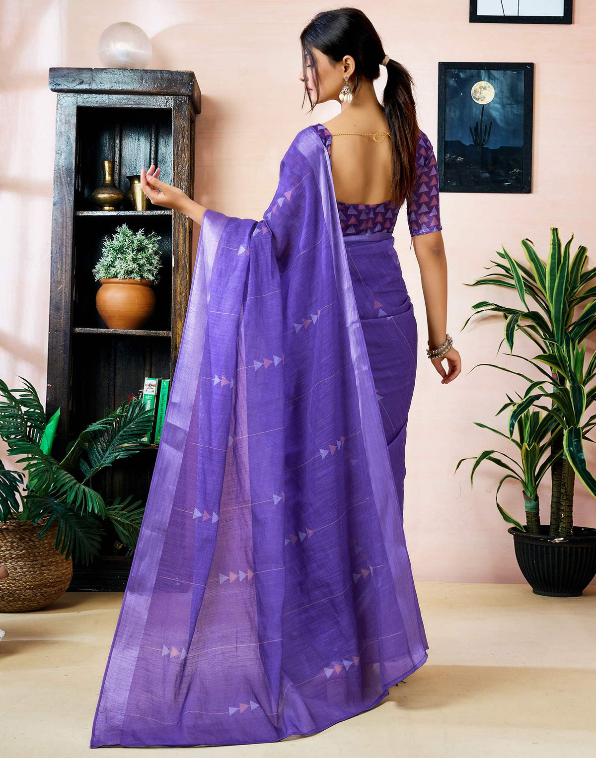 Ready to Wear Purple Linen Printed Saree