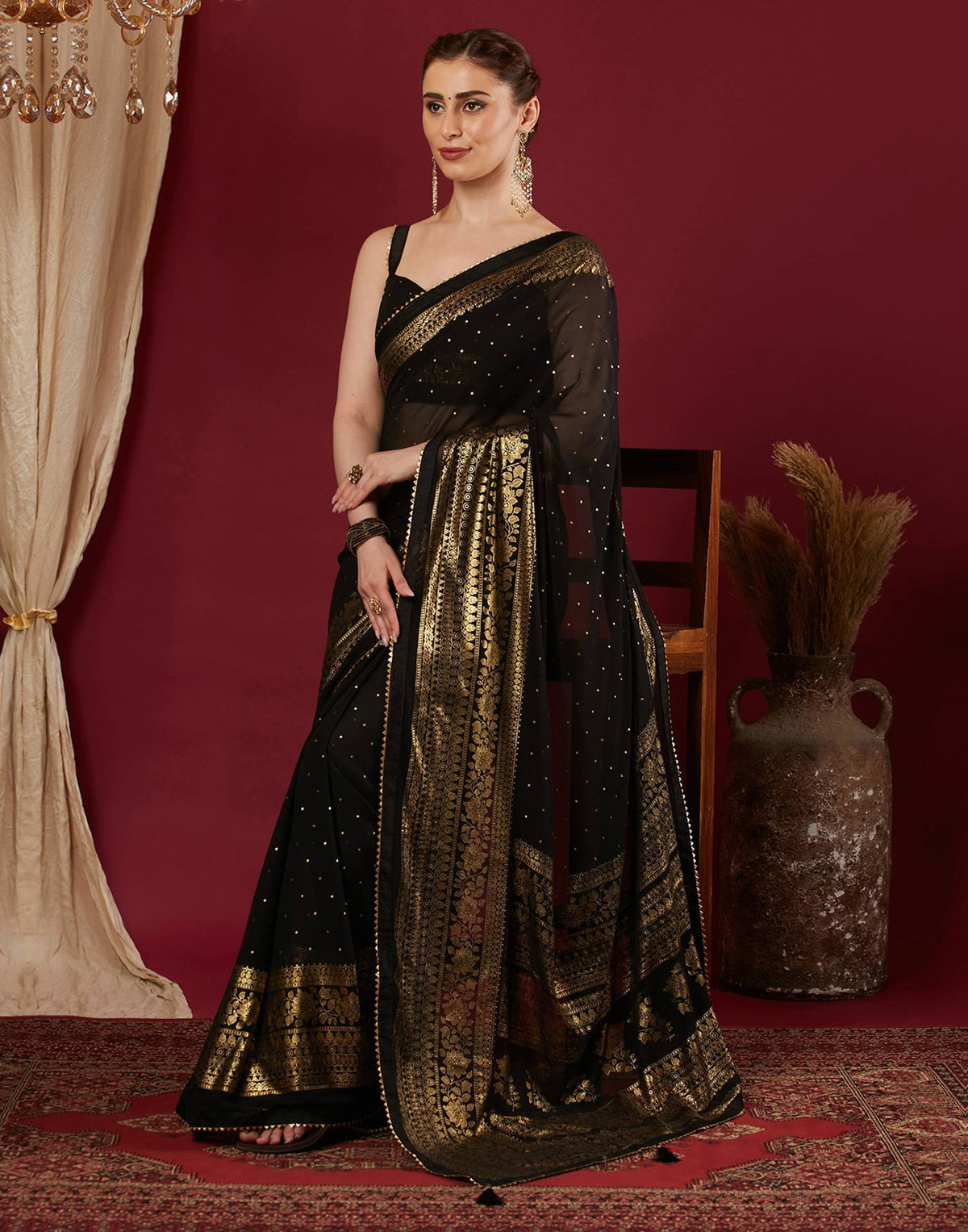 Black Georgette Foil Printed Saree