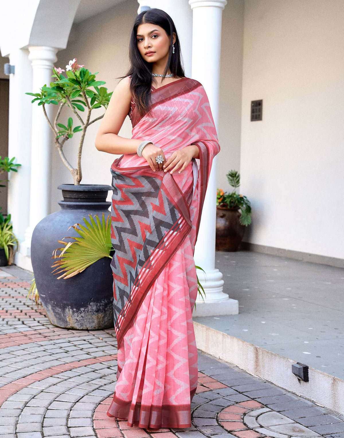 Pink Linen Ikkat Printed Saree