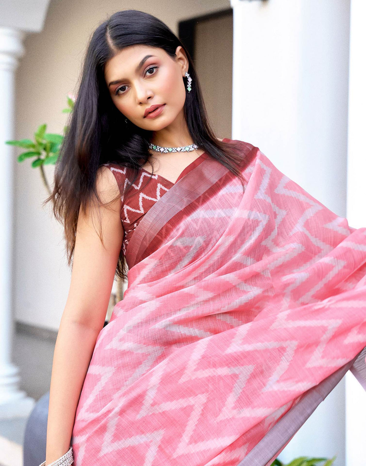 Pink Linen Ikkat Printed Saree