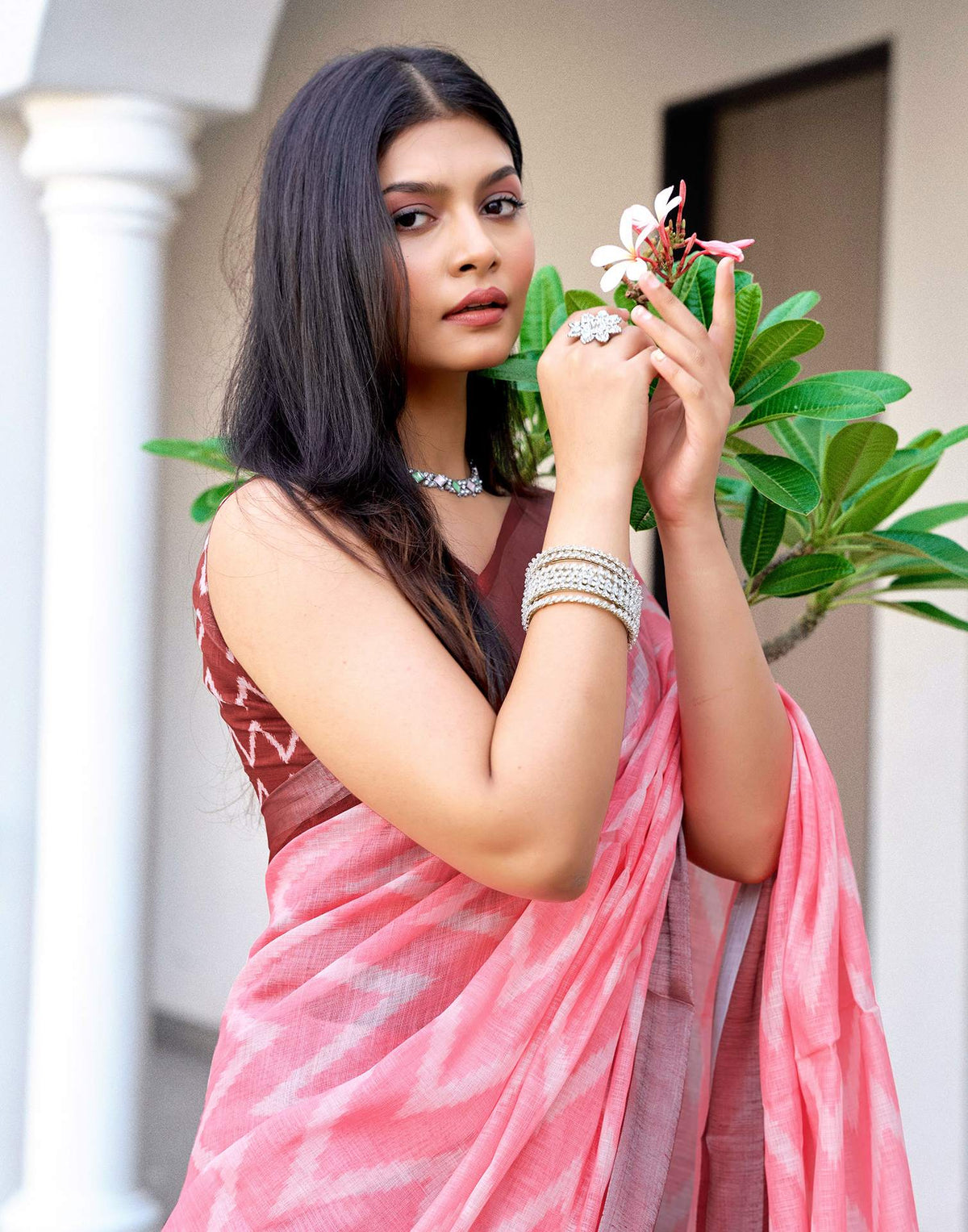 Pink Linen Ikkat Printed Saree