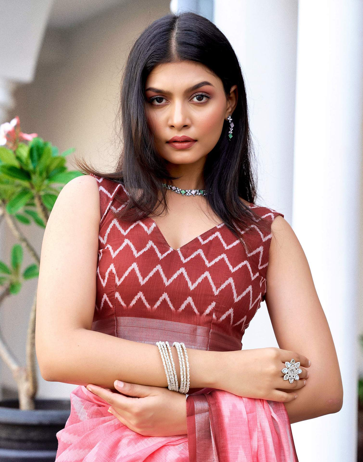 Pink Linen Ikkat Printed Saree