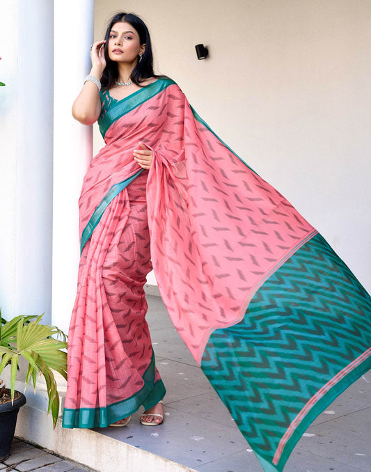 Pink Linen Ikkat Printed Saree