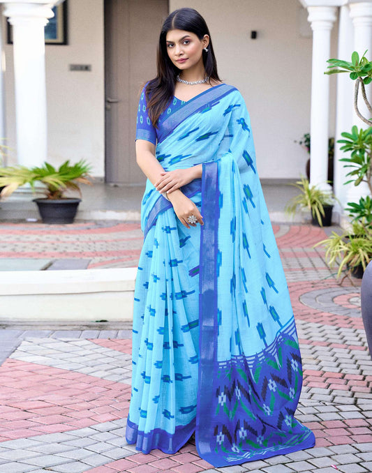 Sky Blue Linen Ikkat Printed Saree