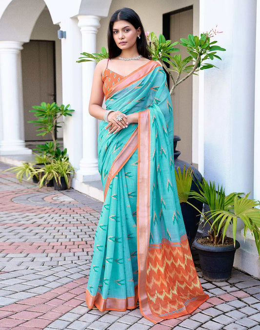 Blue Linen Ikkat Printed Saree