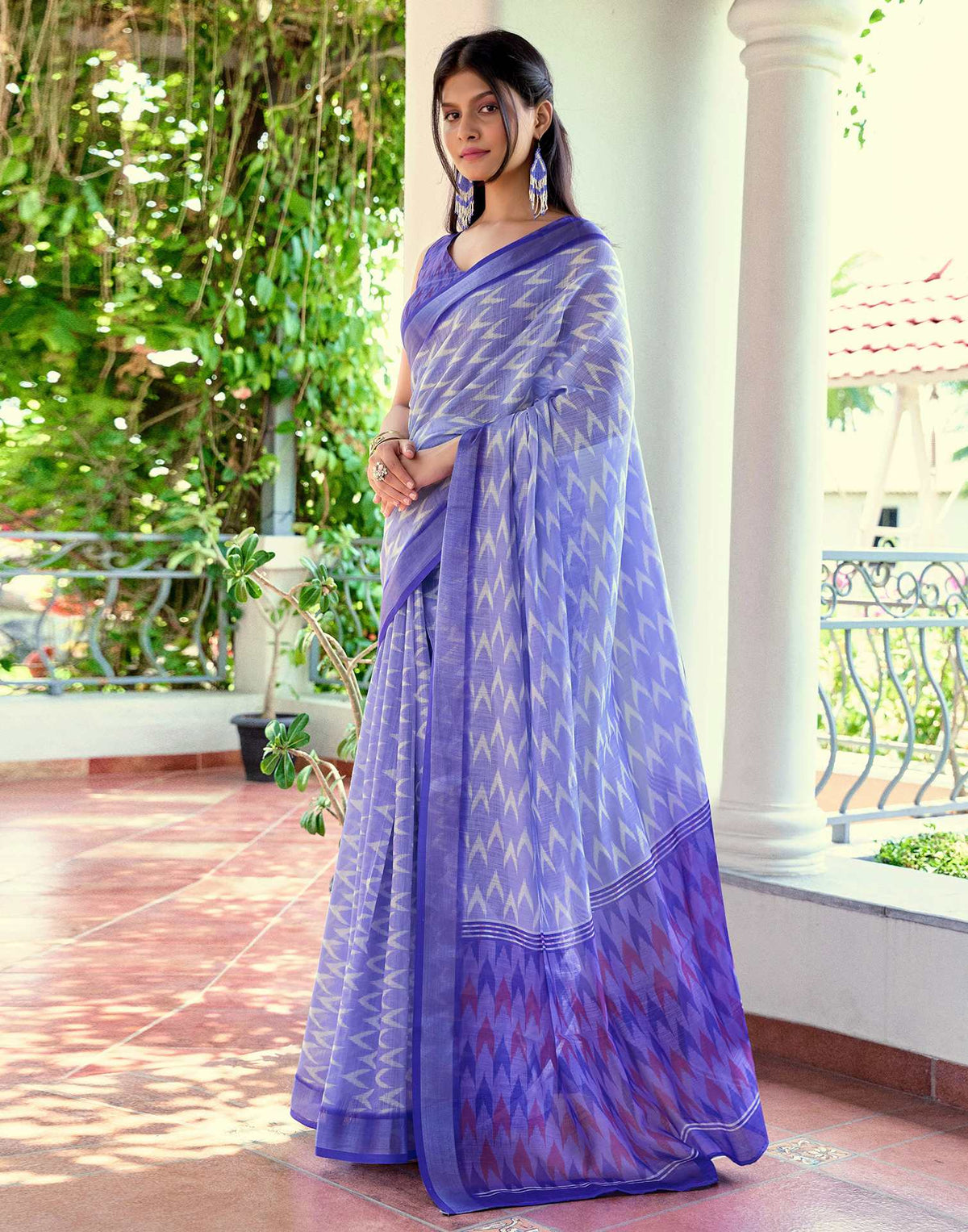 Blue Linen Ikkat Printed Saree
