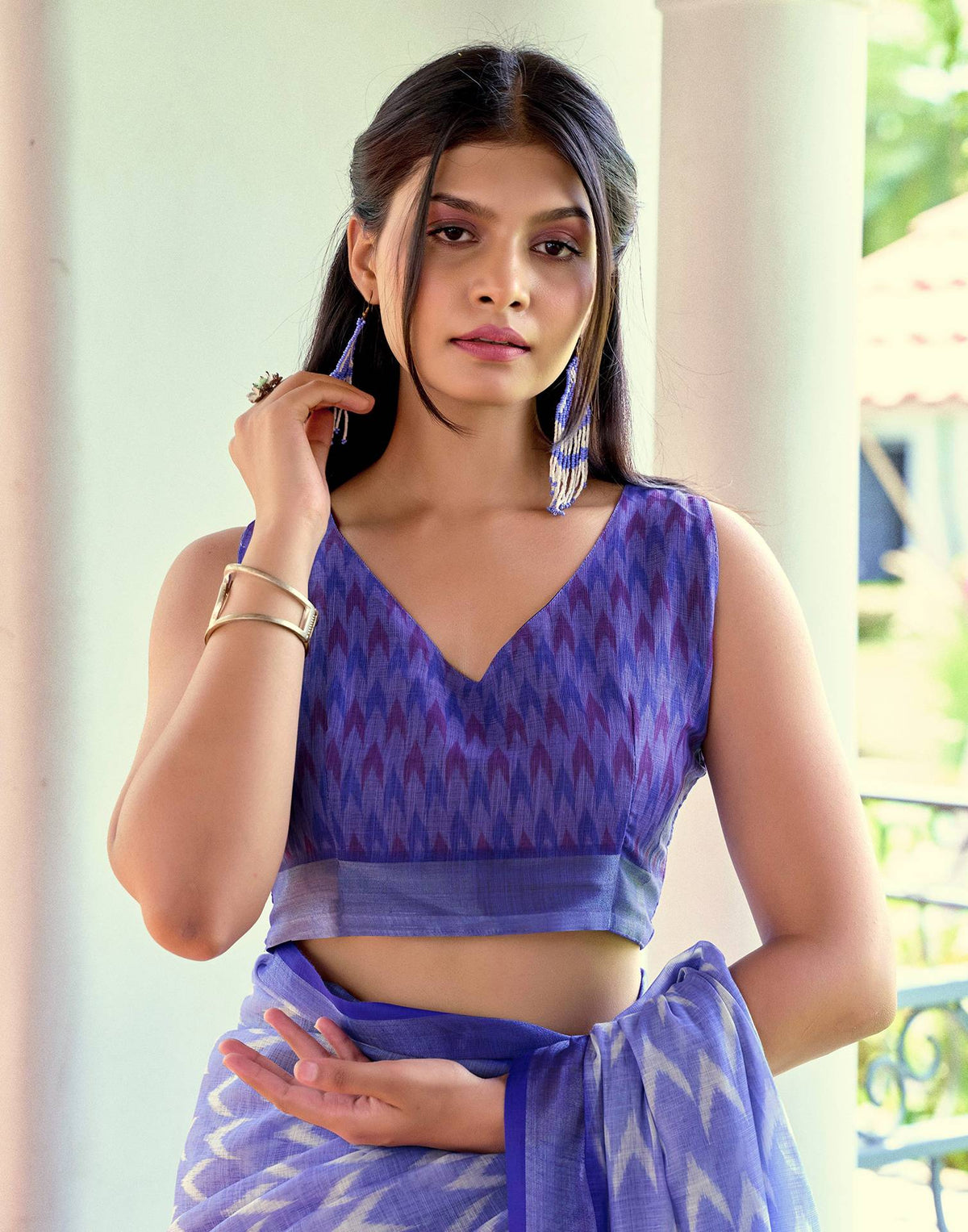 Blue Linen Ikkat Printed Saree