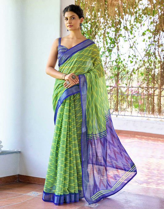 Olive Green Linen Ikkat Printed Saree