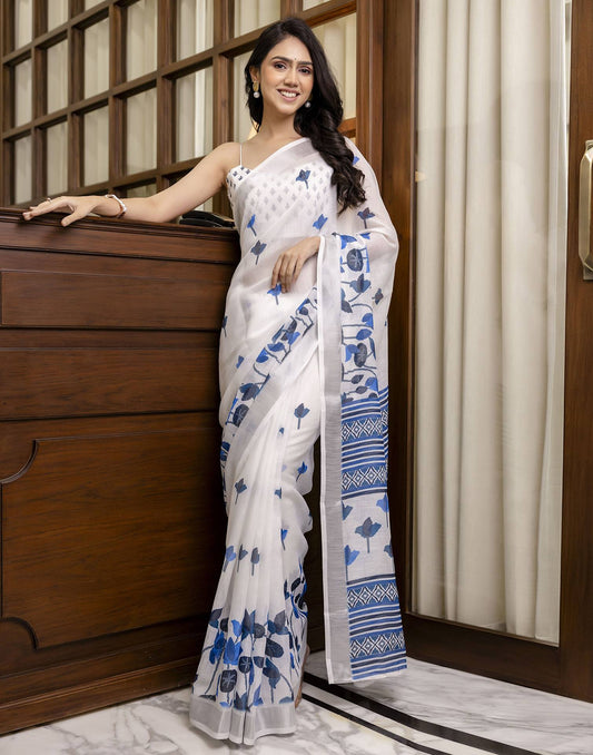 White Linen Floral Printed Saree