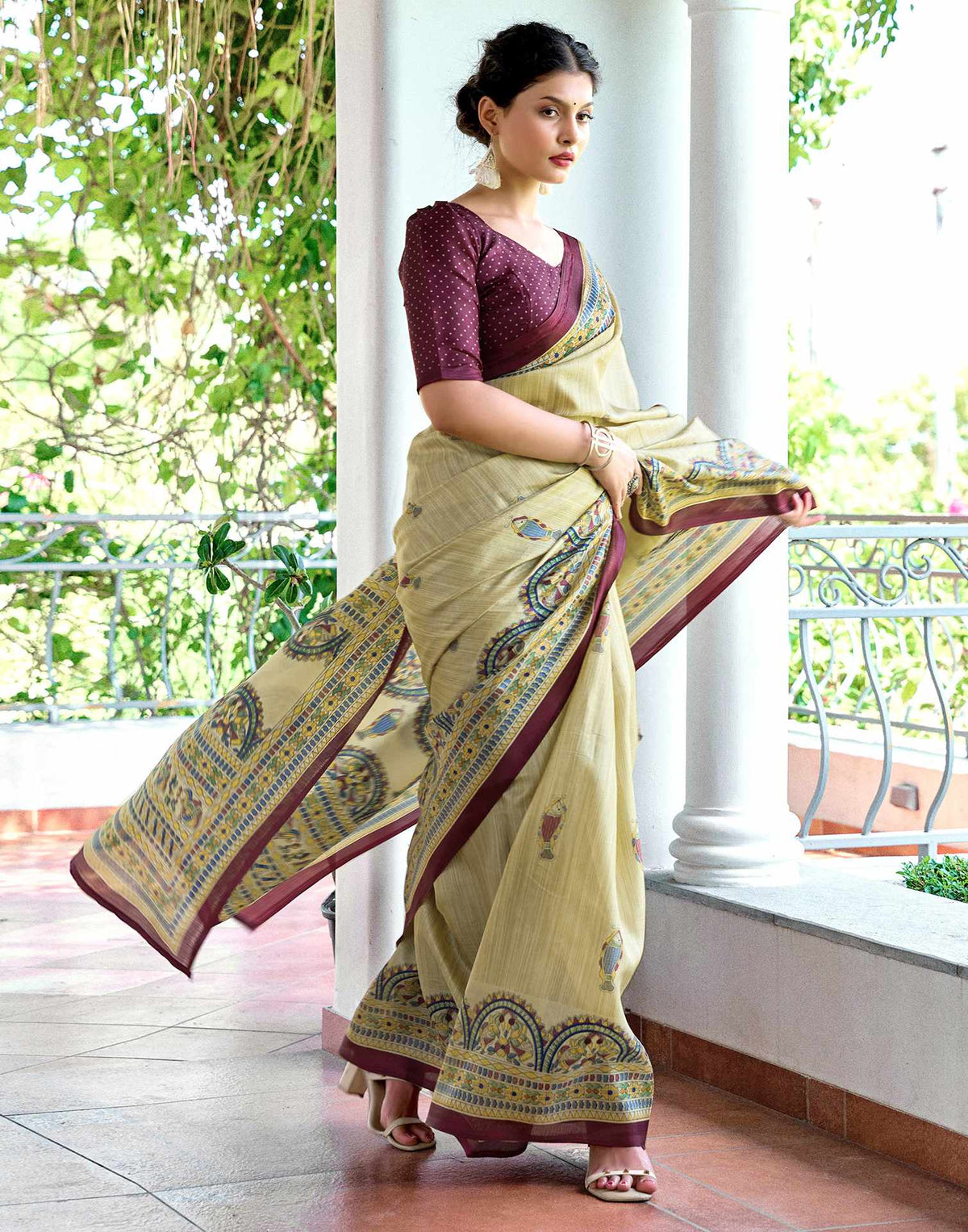 Beige Cotton Blend Madhubani Printed Saree
