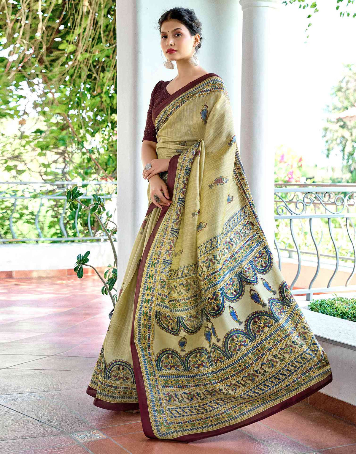 Beige Cotton Blend Madhubani Printed Saree