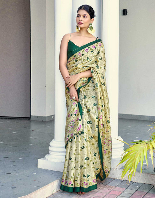 Beige Cotton Blend Printed Saree