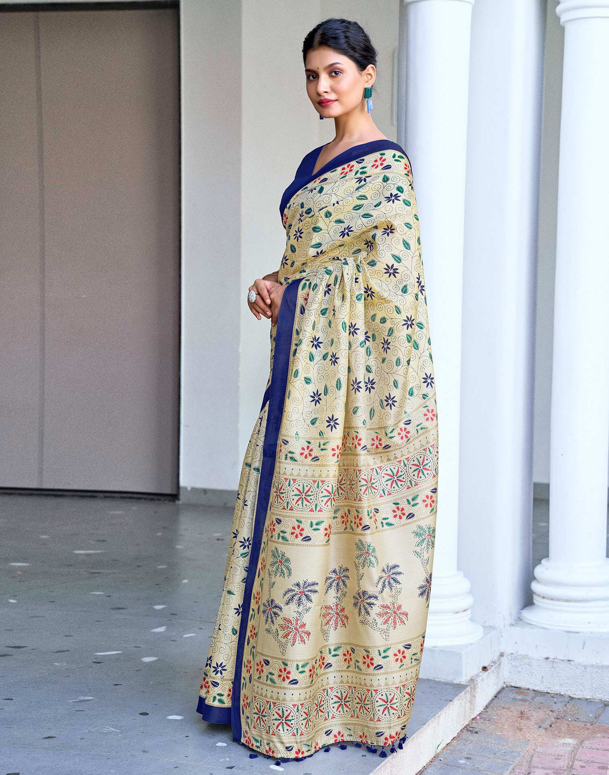 Beige Cotton Blend Printed Saree