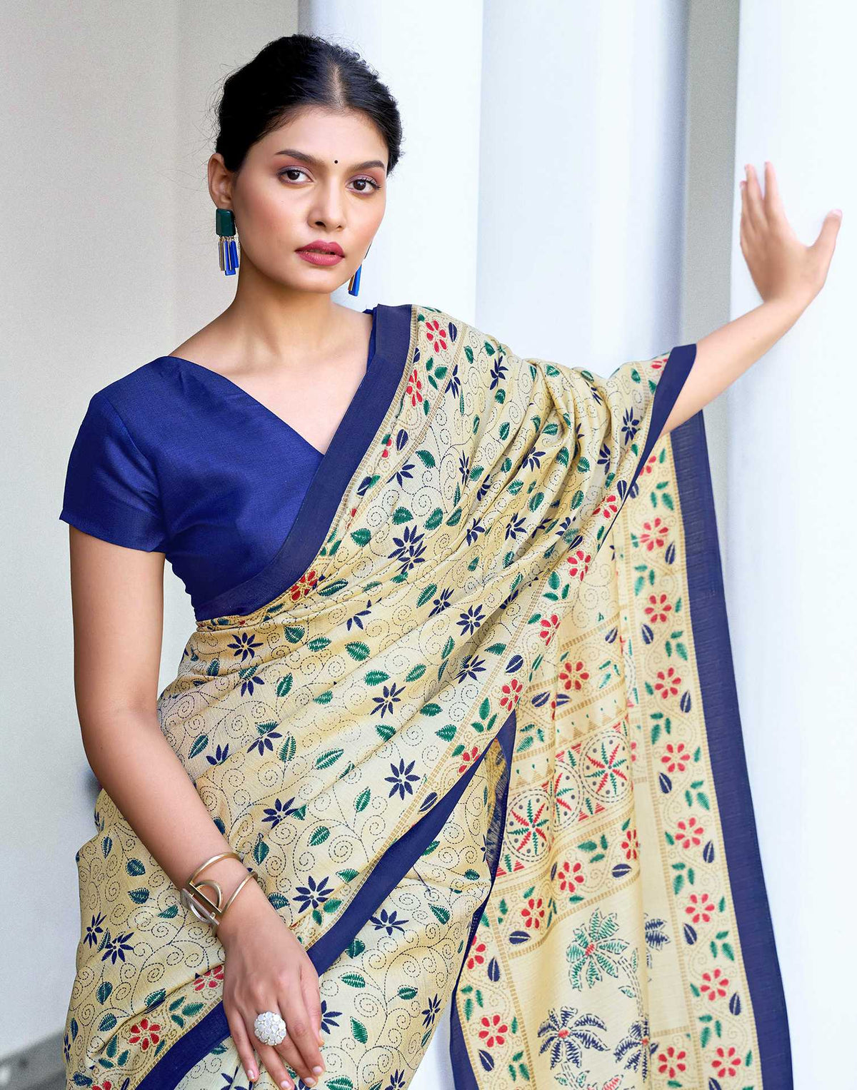 Beige Cotton Blend Printed Saree