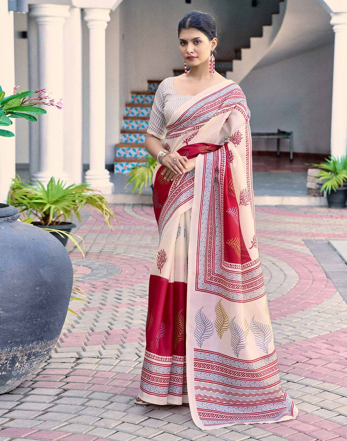 Off White Cotton Blend Printed Saree