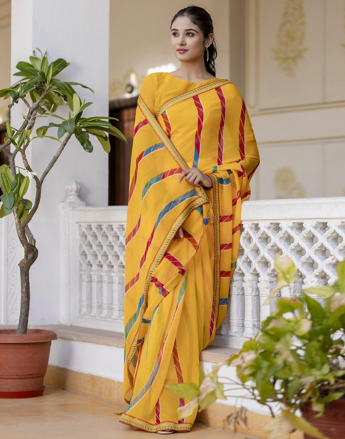 Yellow Georgette printed Saree