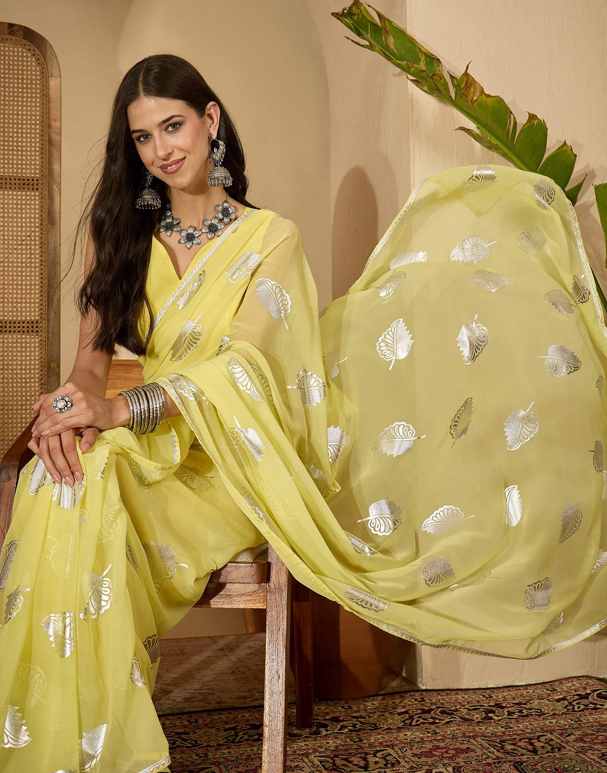 Yellow Georgette Foil Printed Saree