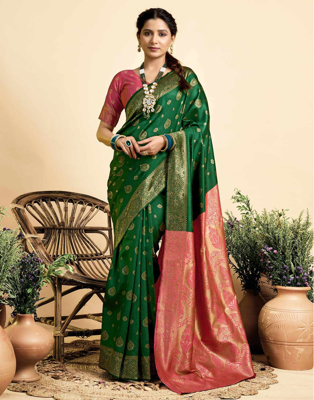 Dark Green Silk Woven Banarasi Saree