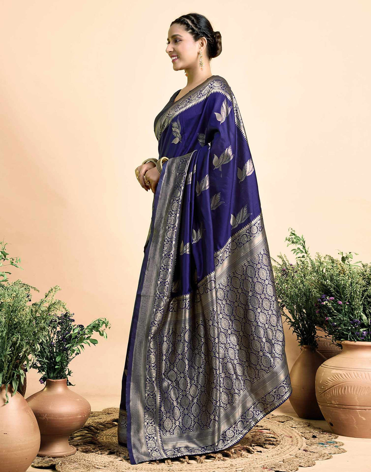Navy Blue Silk Woven Banarasi Saree
