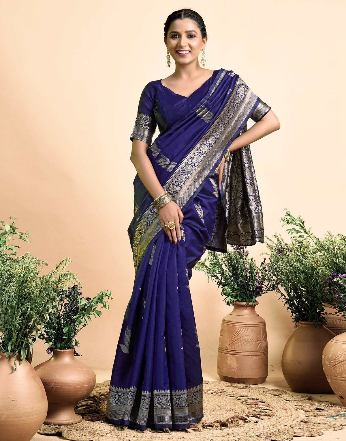 Navy Blue Silk Woven Banarasi Saree
