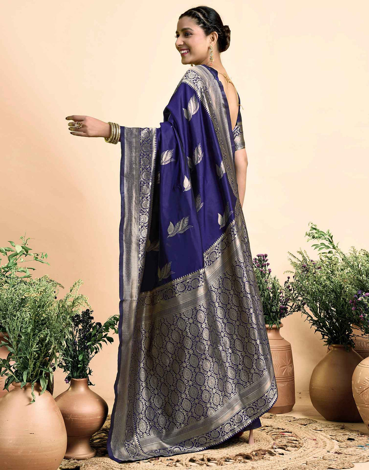 Navy Blue Silk Woven Banarasi Saree