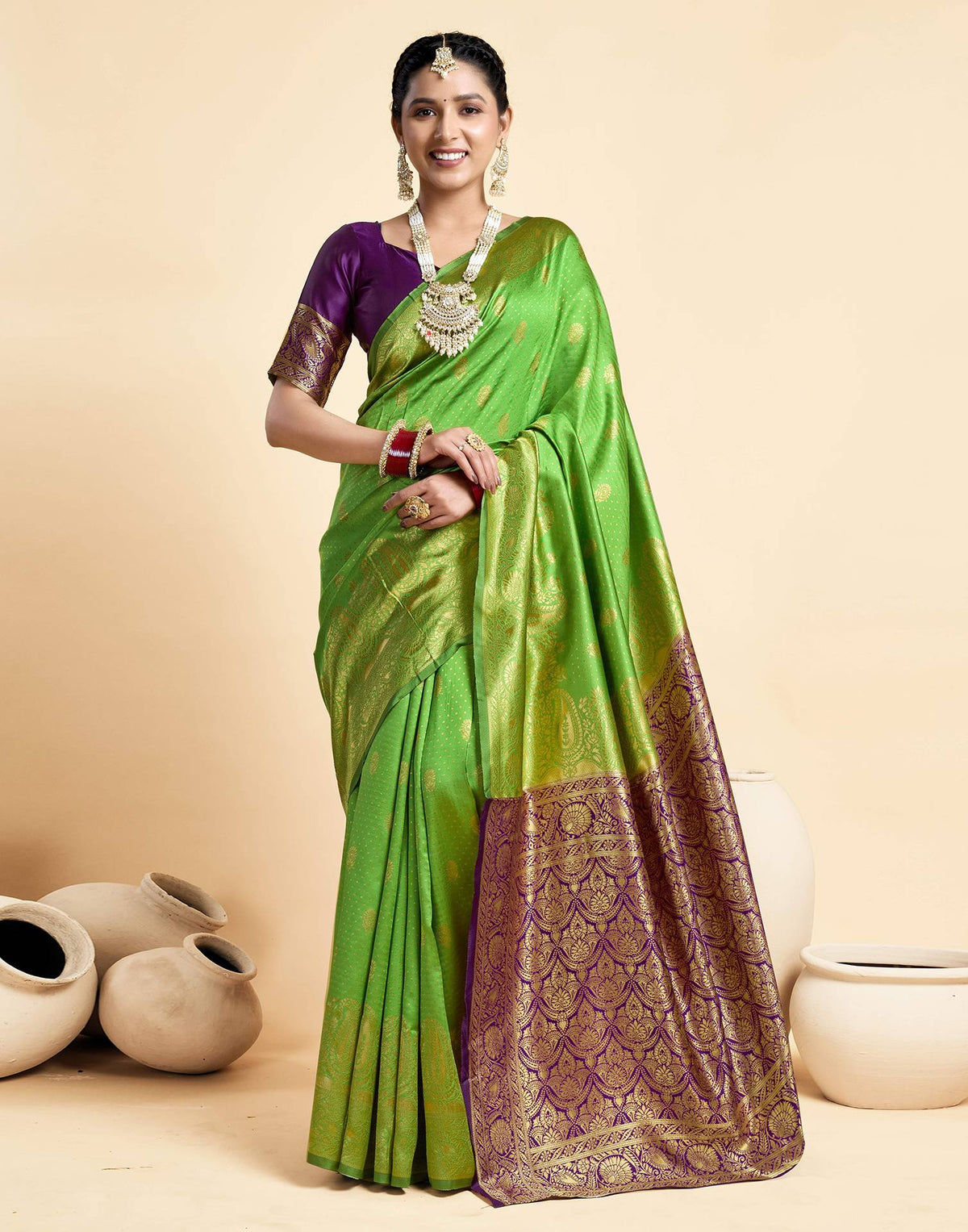 Parrot Green Silk Woven Banarasi Saree