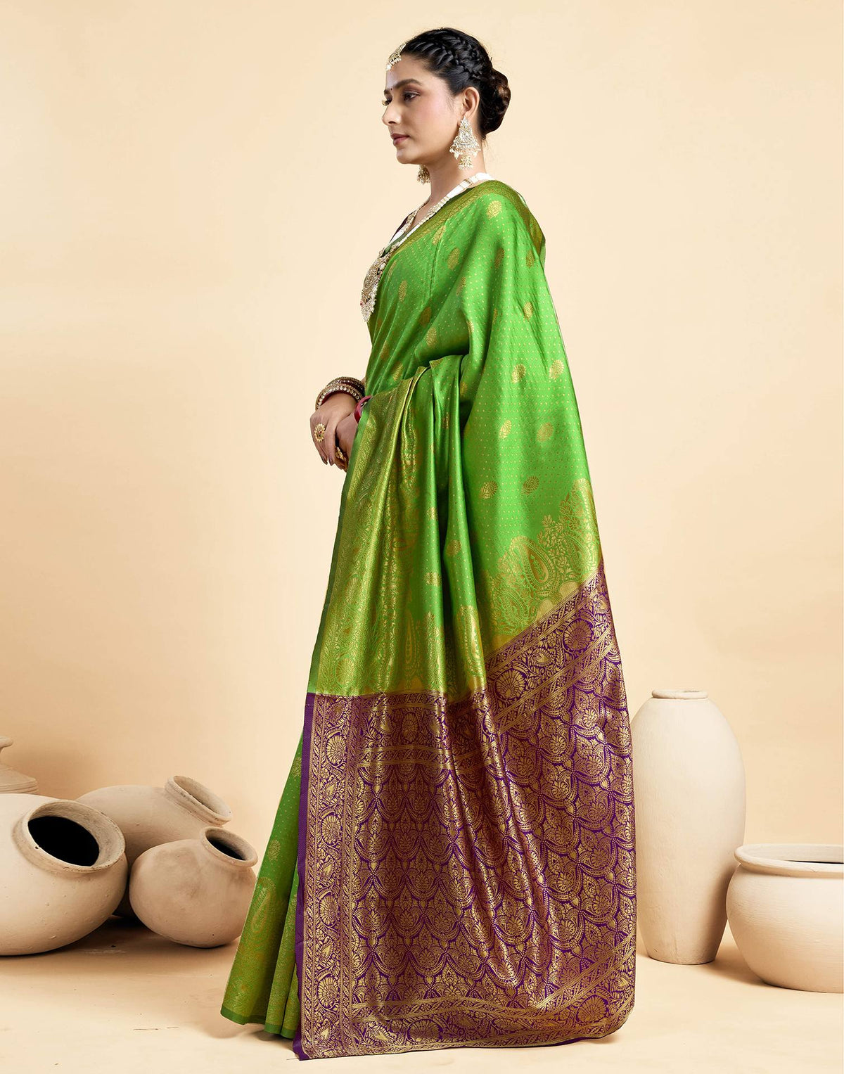 Parrot Green Silk Woven Banarasi Saree