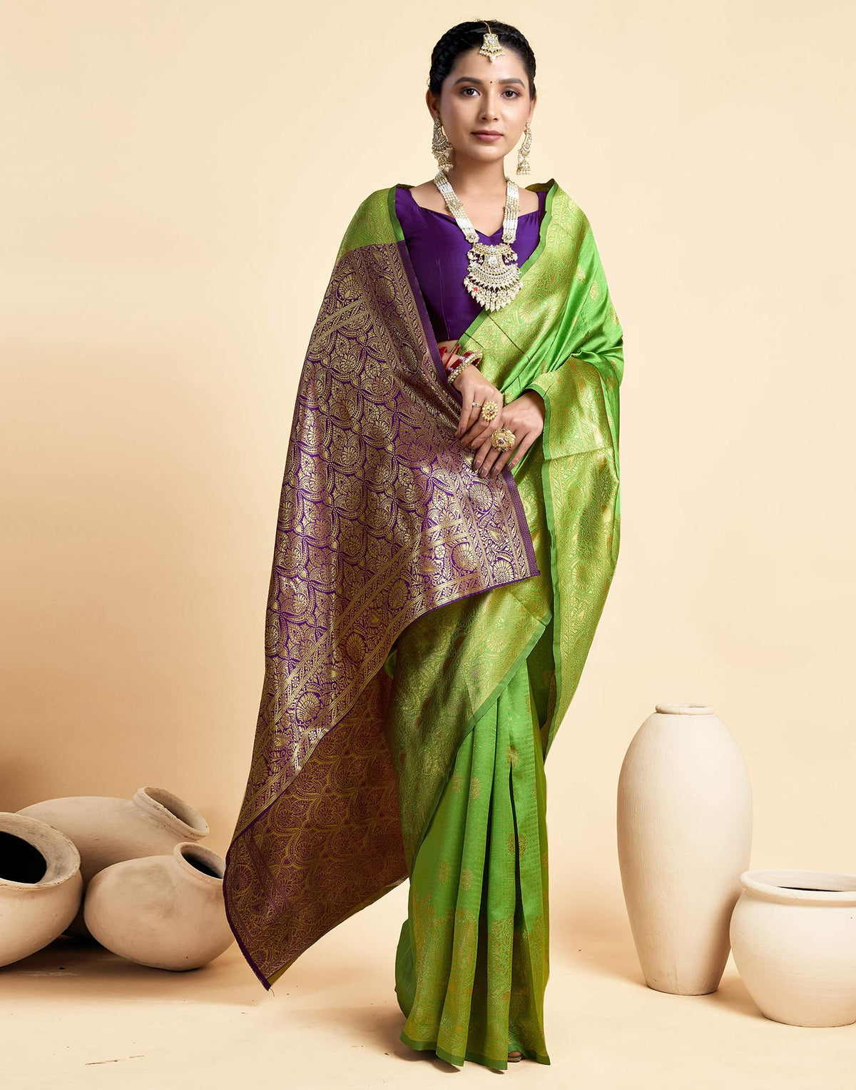 Parrot Green Silk Woven Banarasi Saree