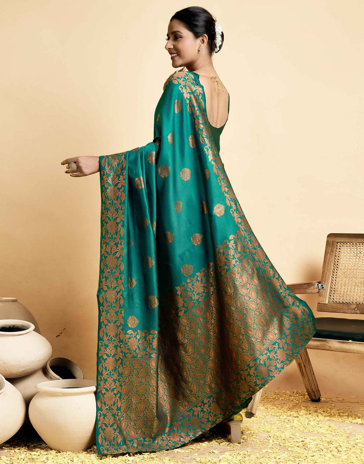 Teal Green Silk Woven Banarasi Saree