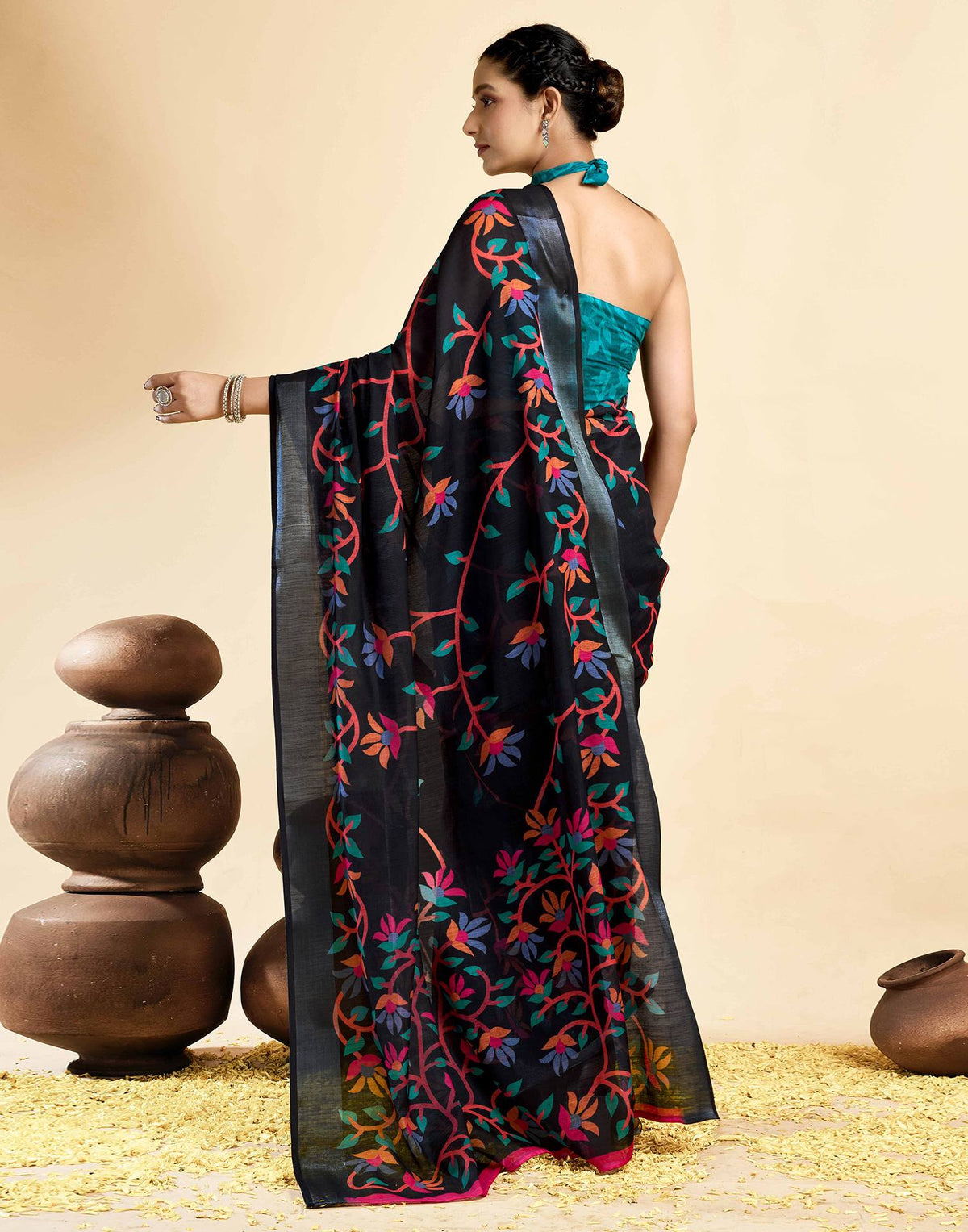 Black Linen Floral Printed Saree