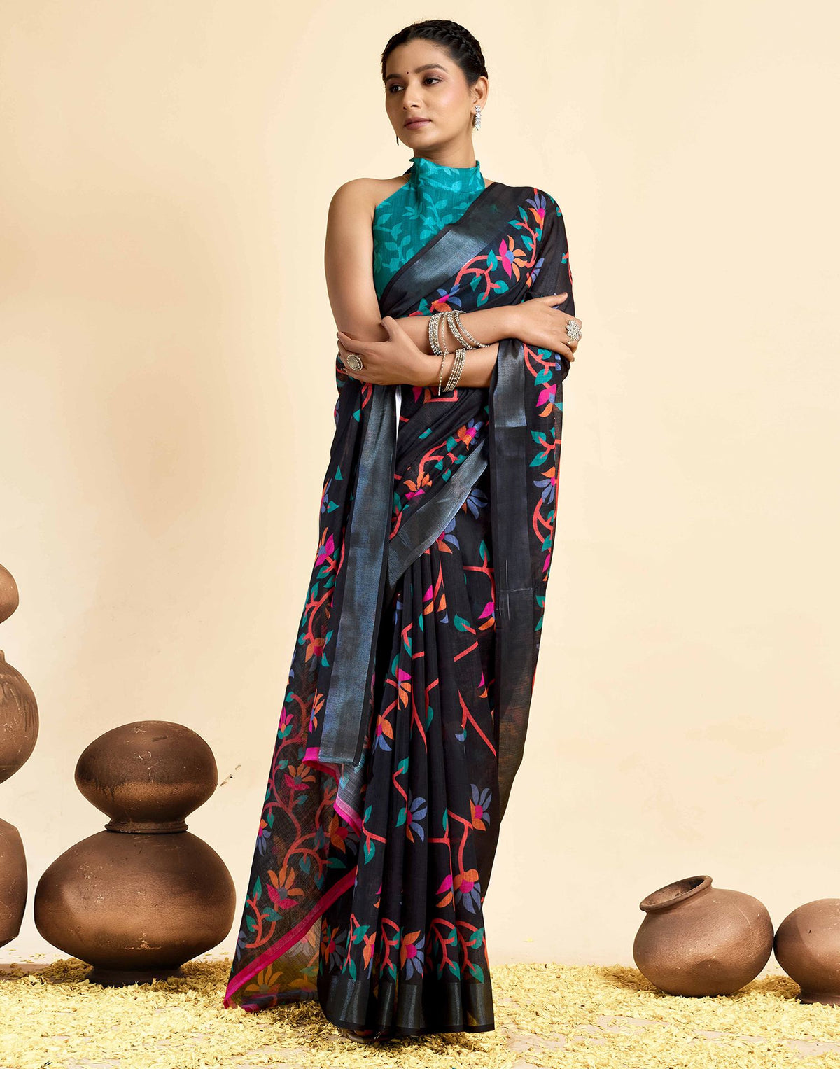 Black Linen Floral Printed Saree