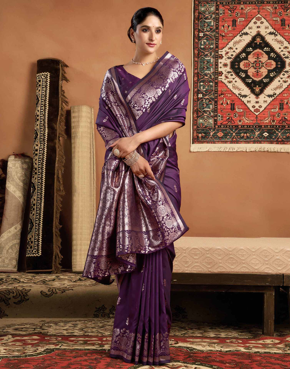 Dark Purple Silk Woven Banarasi Saree