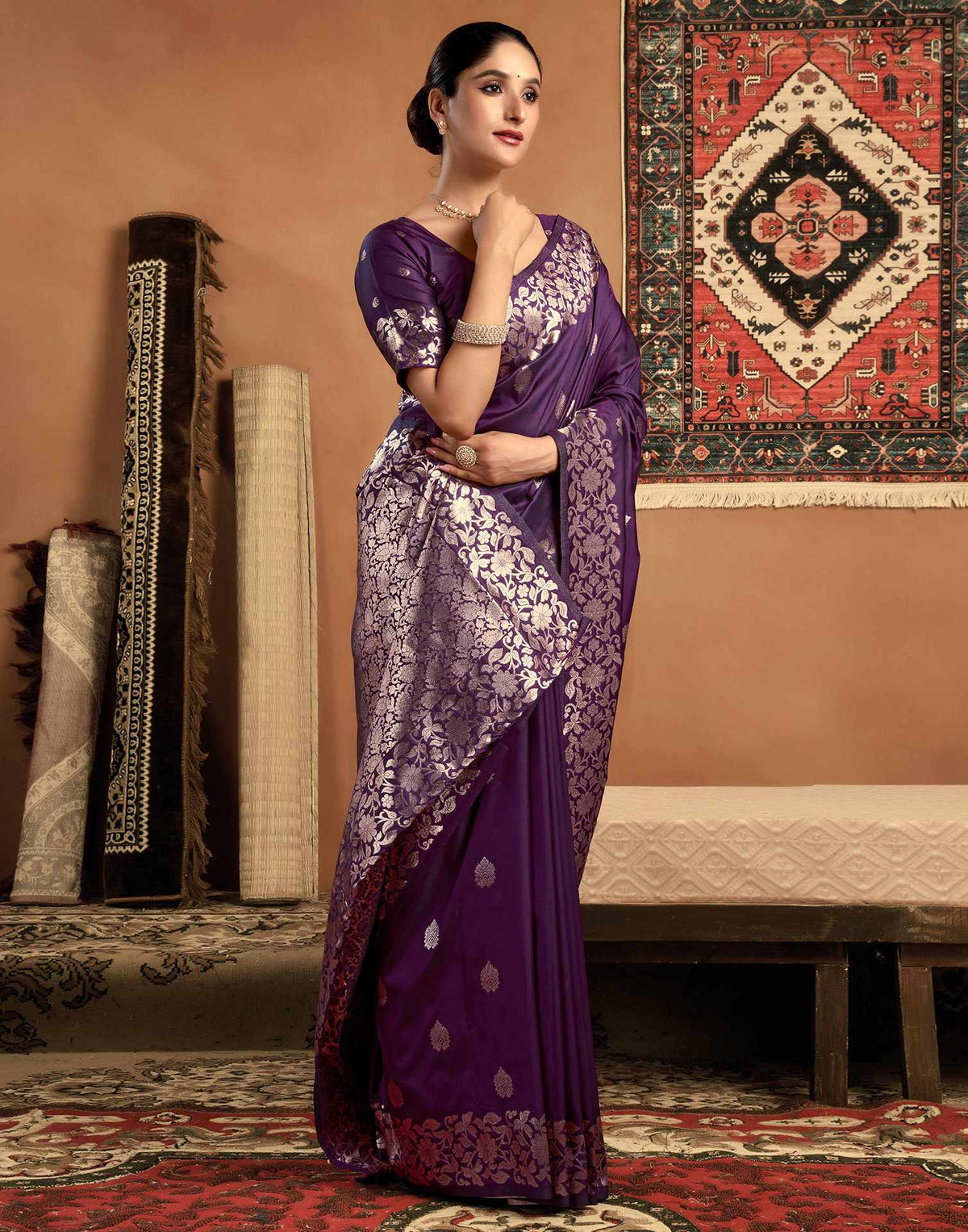 Dark Violet Silk Woven Banarasi Saree