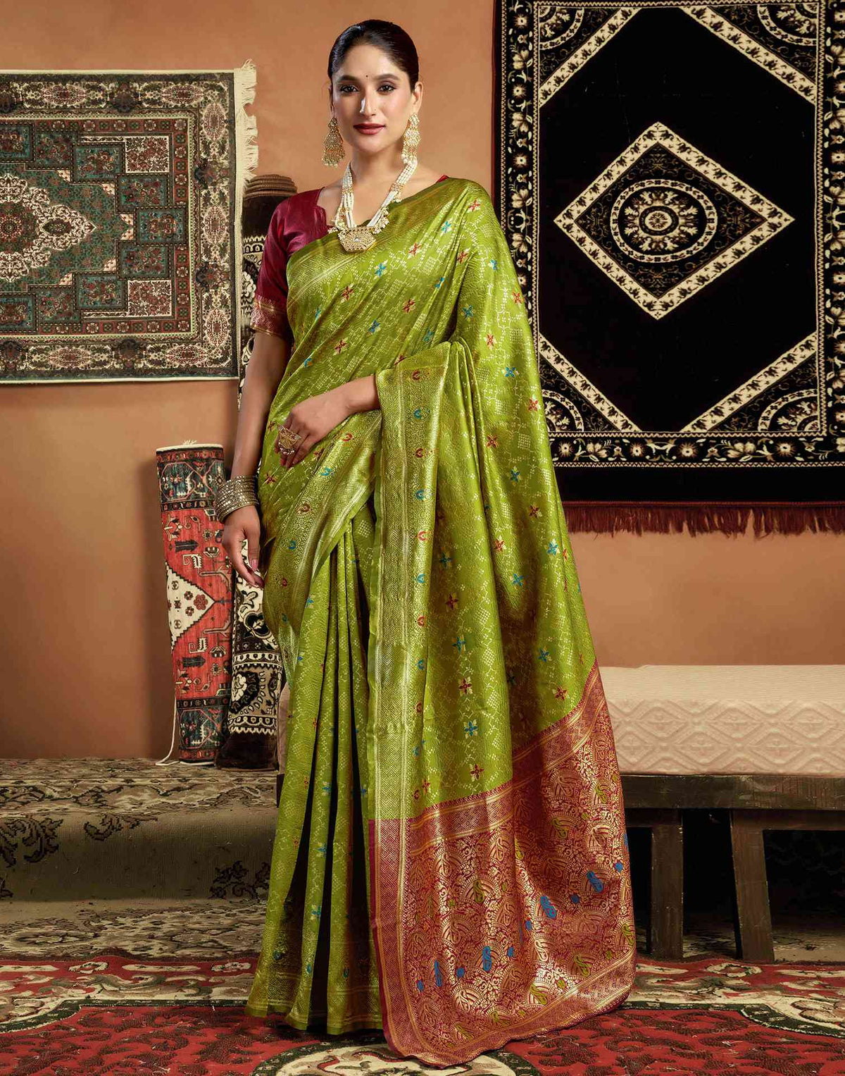 Parrot Green Silk Woven Saree