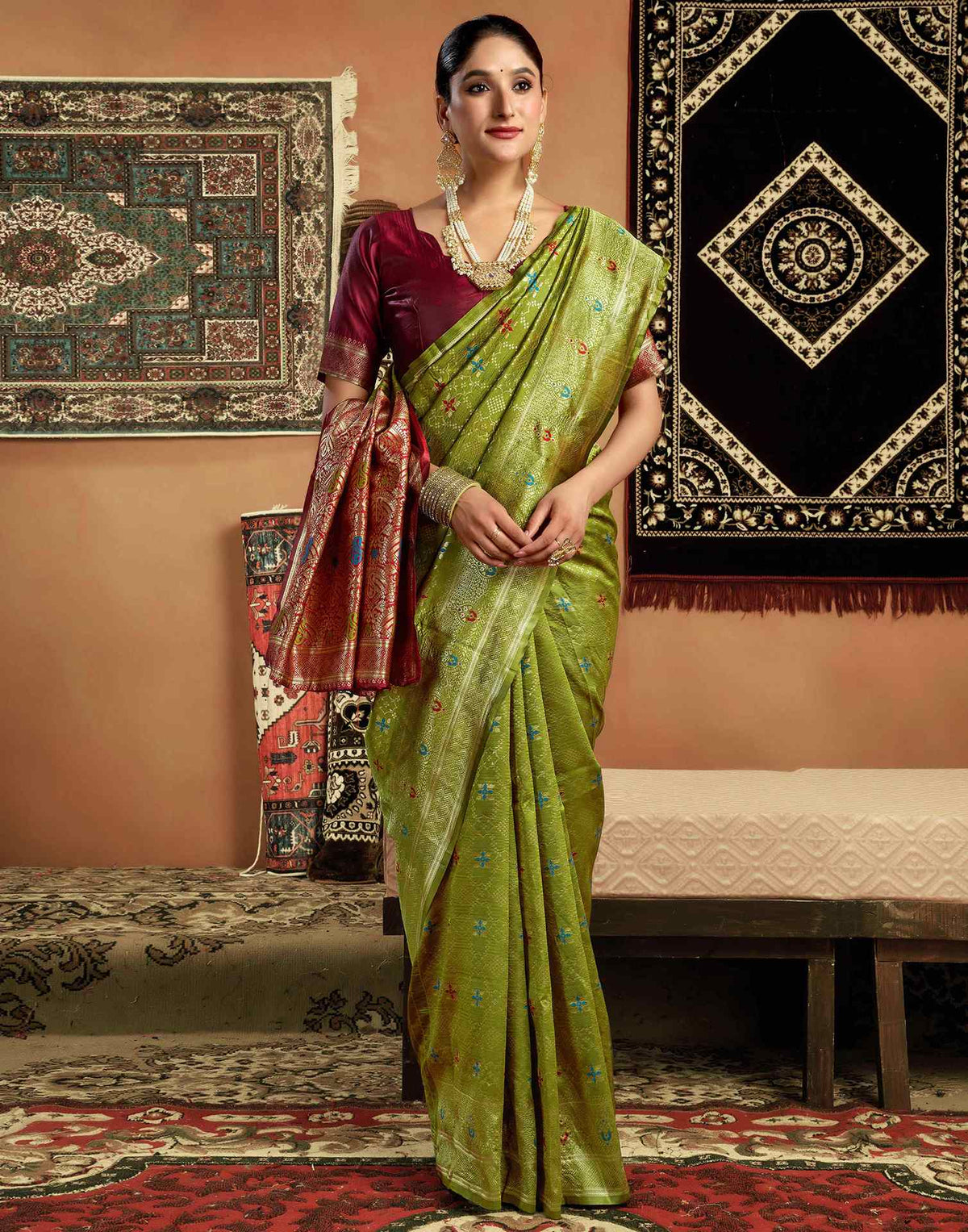 Parrot Green Silk Woven Saree