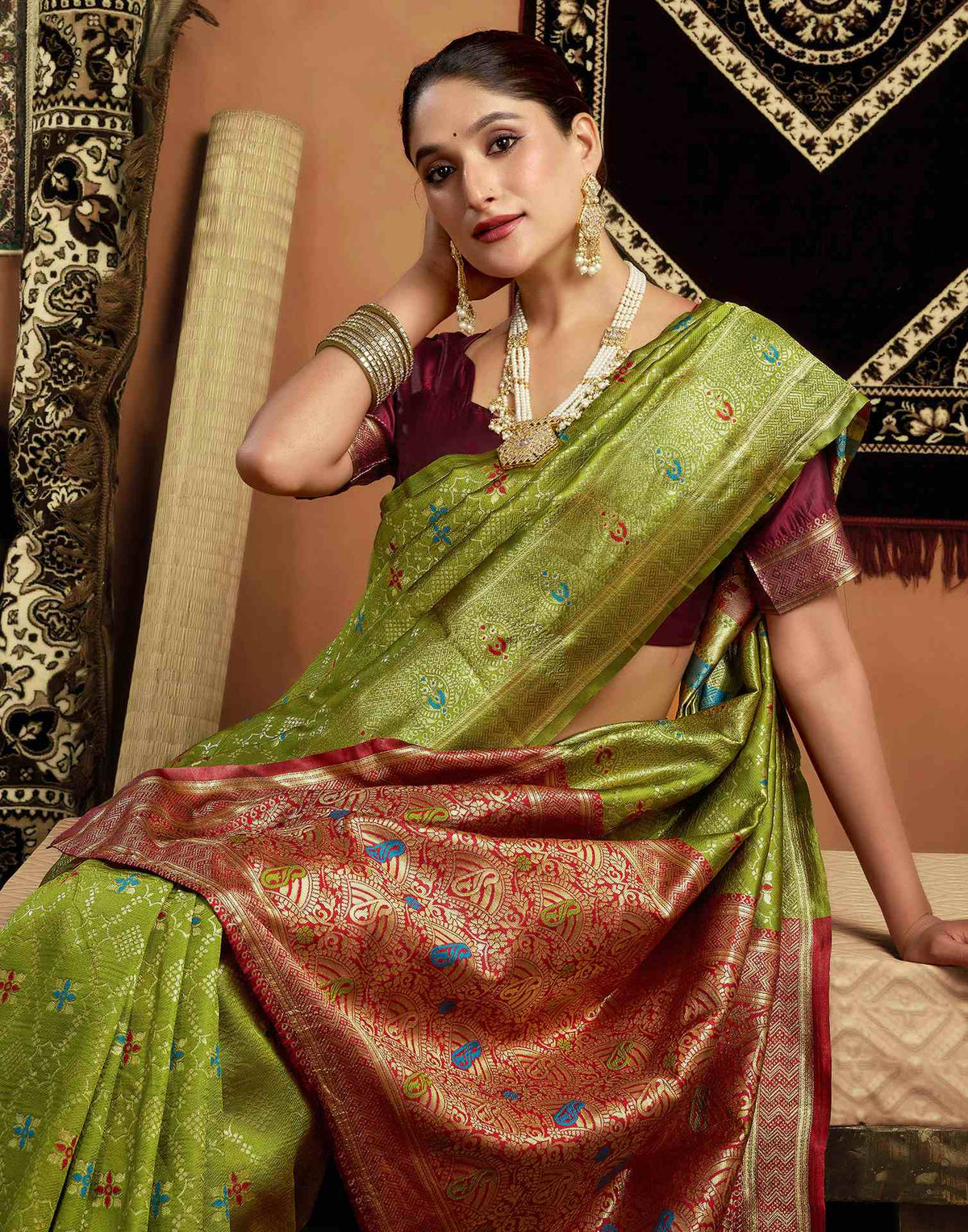Parrot Green Silk Woven Saree
