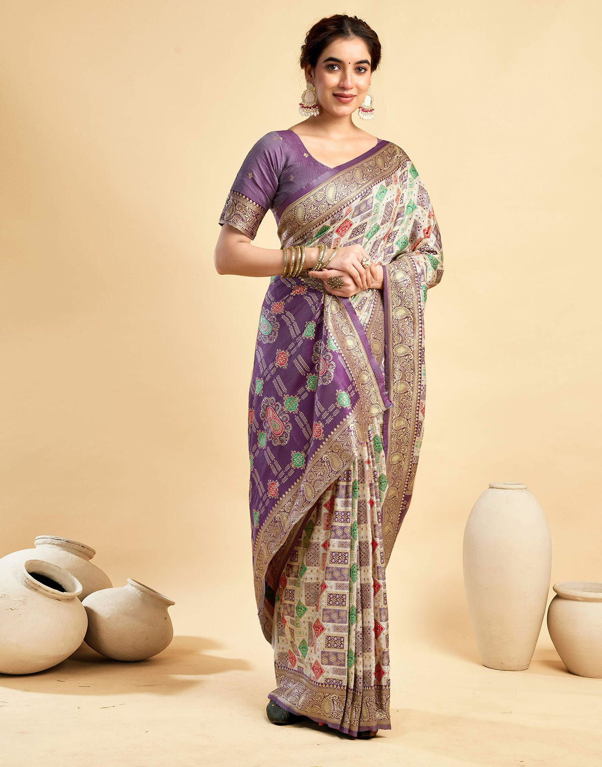 Cream Silk Woven Patola Saree