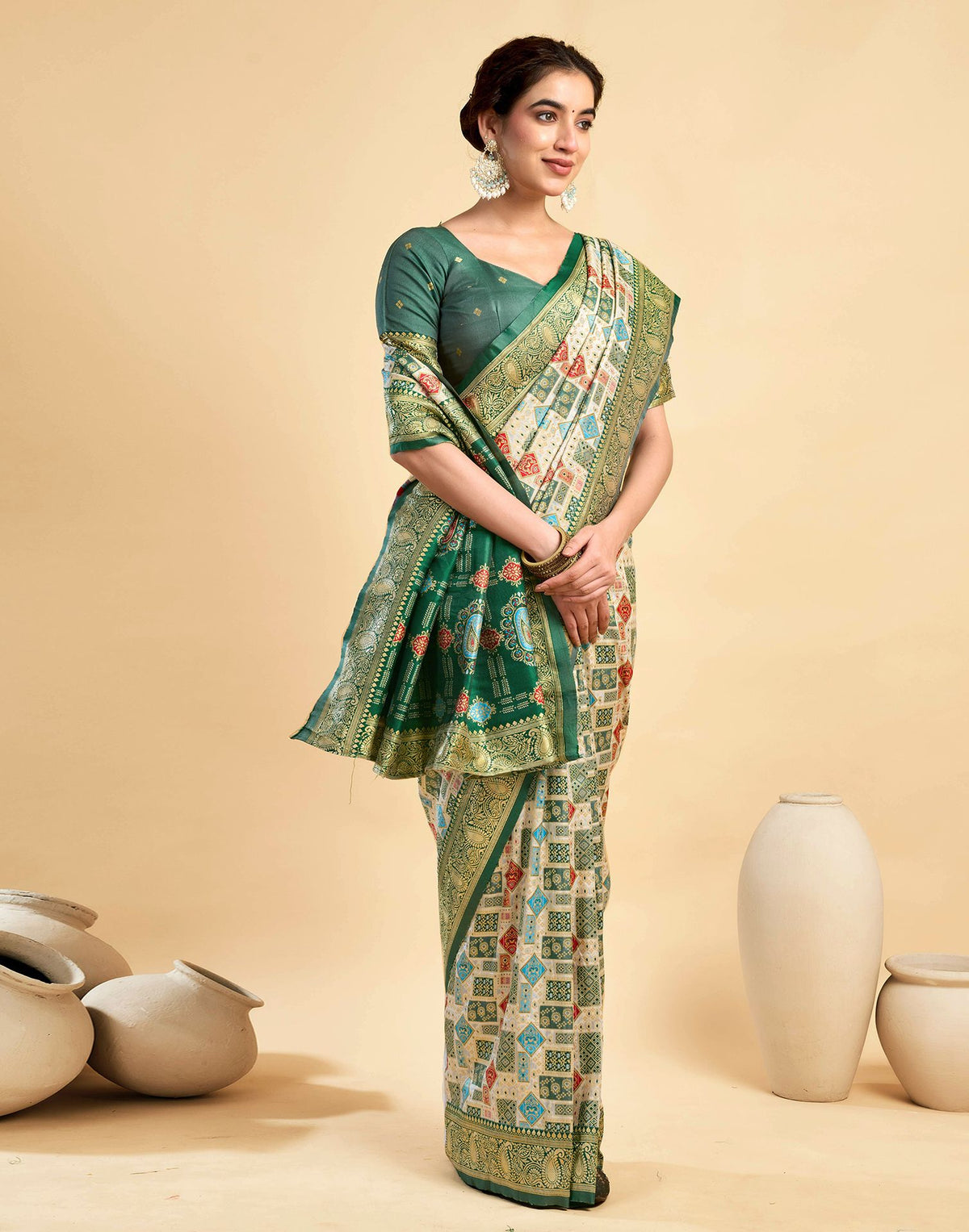 Cream Silk Woven Patola Saree