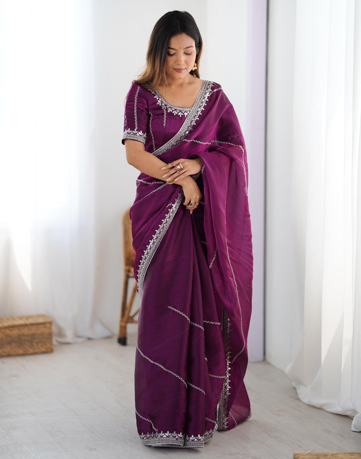 Purple Tissue Silk Sequence Embroidery Saree