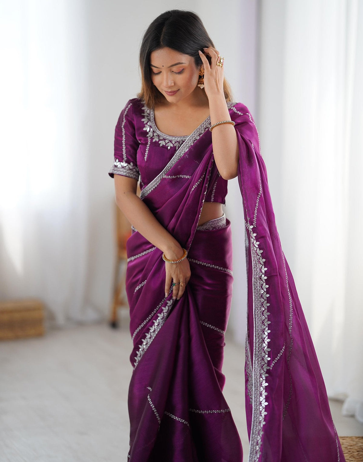 Purple Tissue Silk Sequence Embroidery Saree