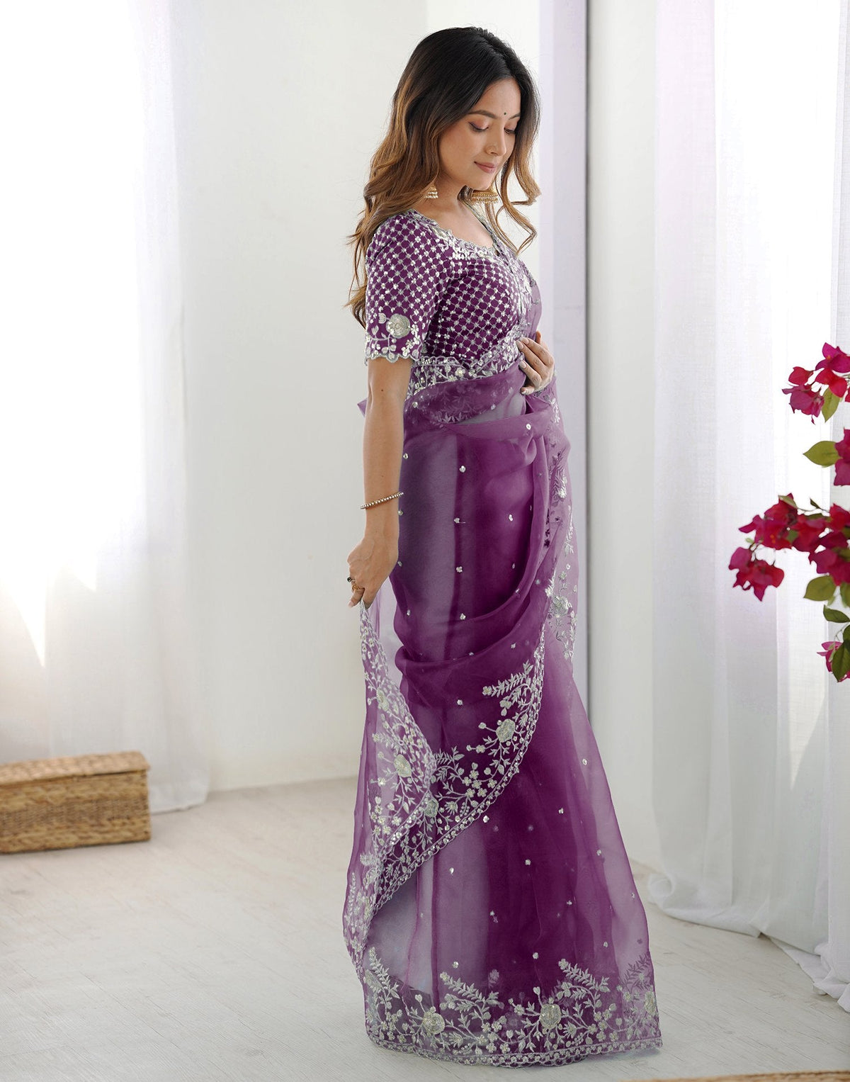 Wine Organza Embroidery Lace Saree