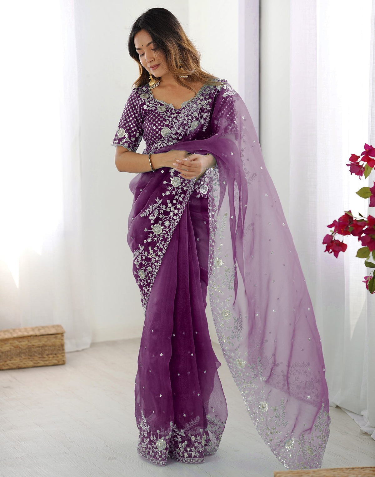 Wine Organza Embroidery Lace Saree