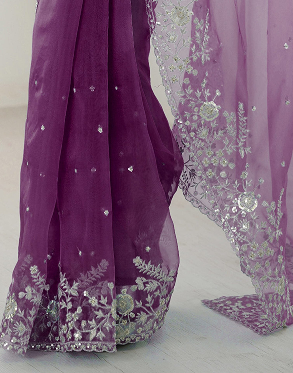 Wine Organza Embroidery Lace Saree