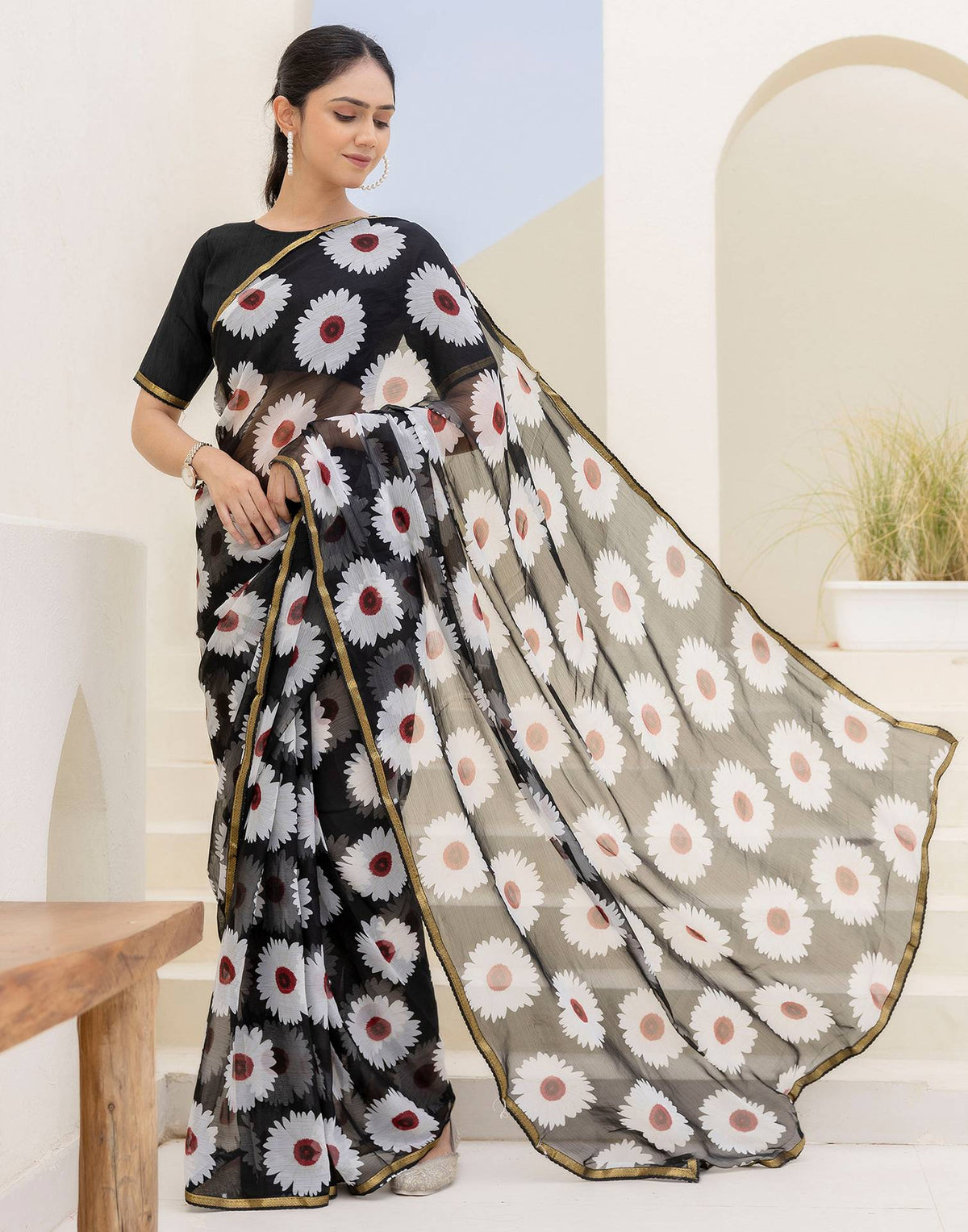 Black Chiffon Floral Printed Saree