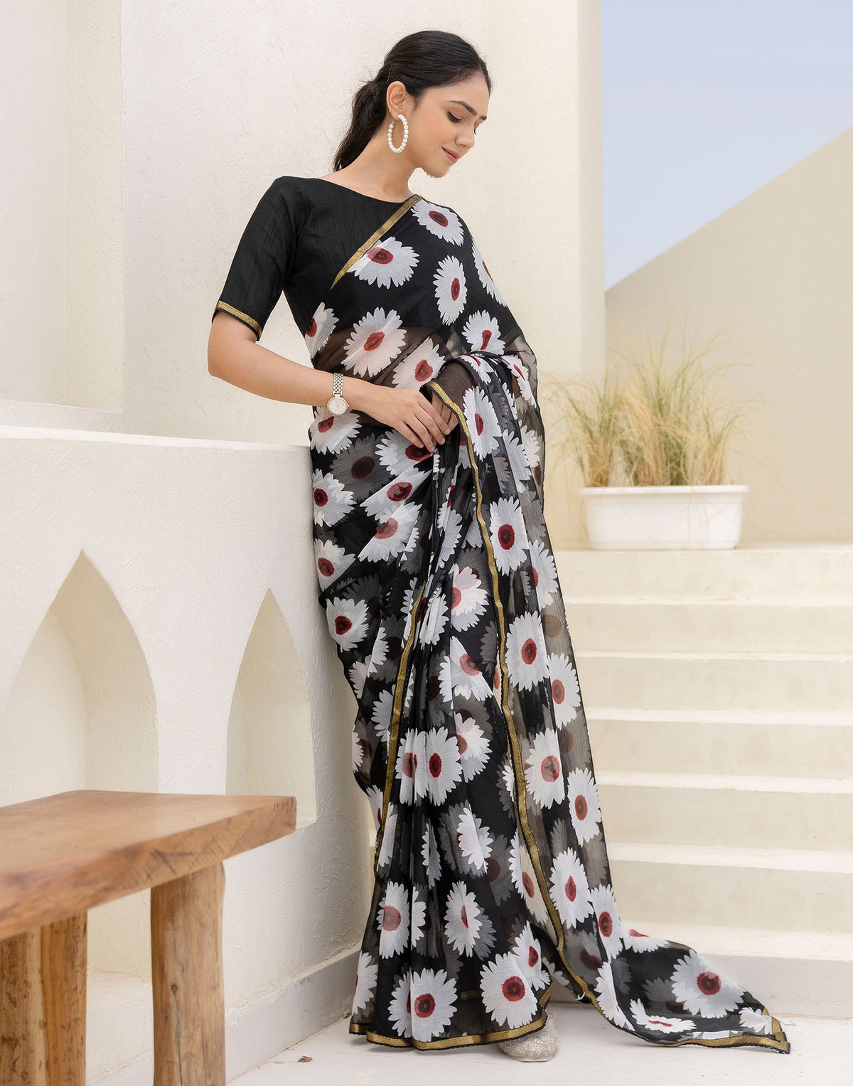 Black Chiffon Floral Printed Saree