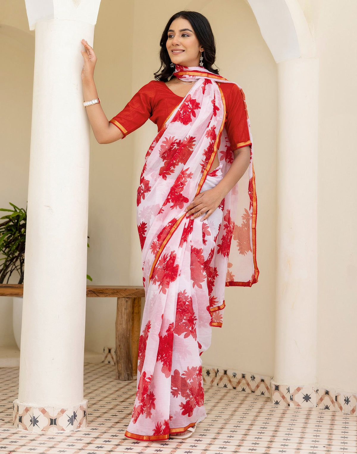 White Chiffon Floral Printed Saree