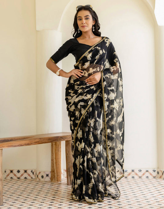 Black Chiffon Printed Saree