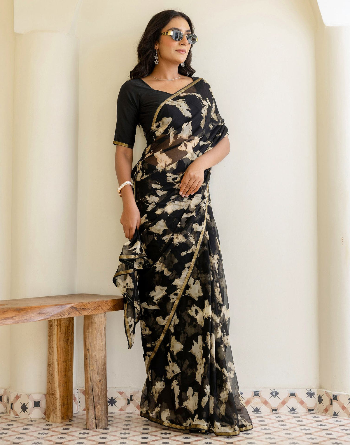 Black Chiffon Printed Saree