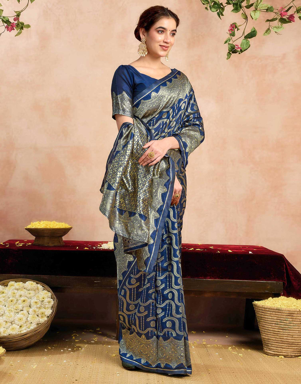 Navy Blue Silk Woven Banarasi Saree